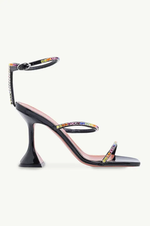 AMINA MUADDI Women Gilda Ankle Strap Sandlas 95mm in Black Patent with Multicolor Crystals