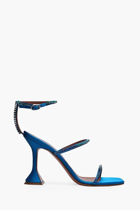AMINA MUADDI Women Gilda Silk Sandals 95mm in Blue Satin with Crystals