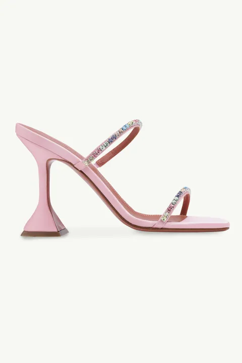 AMINA MUADDI Women Gilda Slipper Sandals 95mm in Light Rose Satin with Multicolor Cyrstals