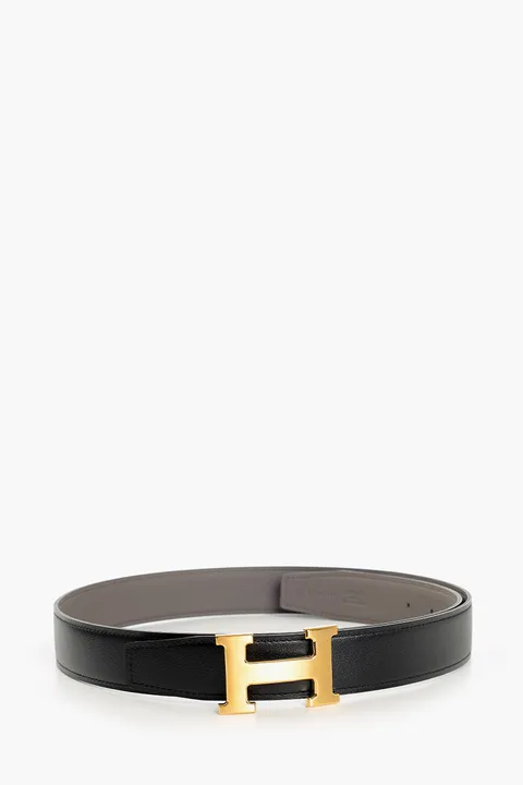 HERMÈS Reversible H Buckle Belt 32mm in Black/Tin Togo Calfskin GHW