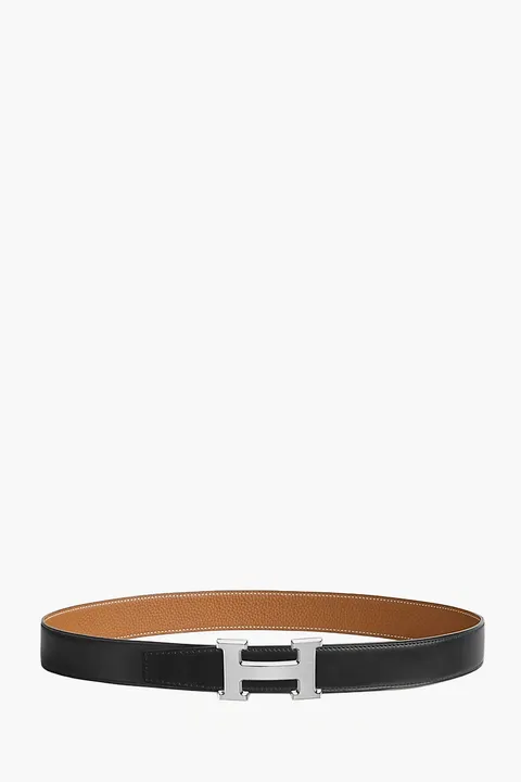 HERMÈS Reversible H Buckle Belt 32mm in Black/Gold Togo Calfskin Brushed Palladium