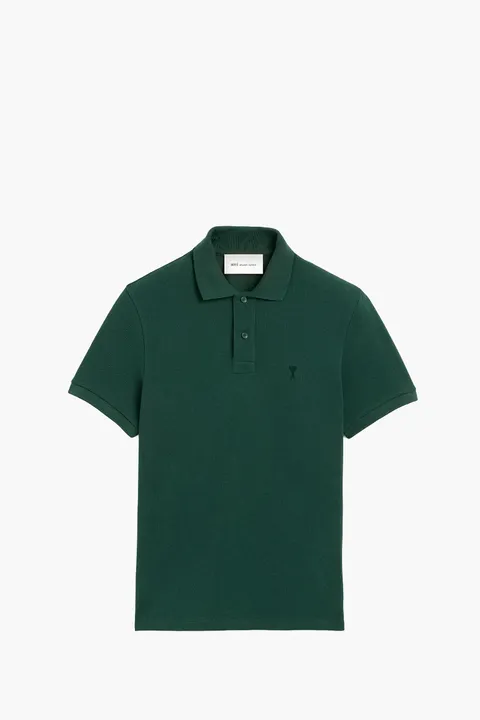AMI Men De Coeur Short Sleeves Polo Shirt in Bottle Green/Black Cotton