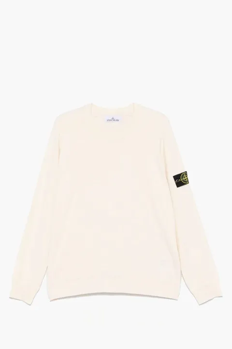 STONE ISLAND Men Logo Crewneck Pullover in Ivory Cotton