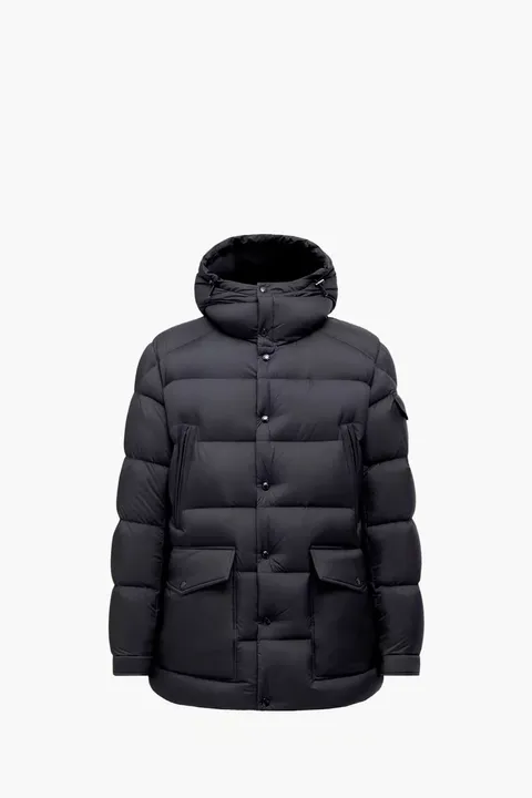 MONCLER Men Bretagne Hooded Mid-Length Down Jacket in Navy Blue Nylon