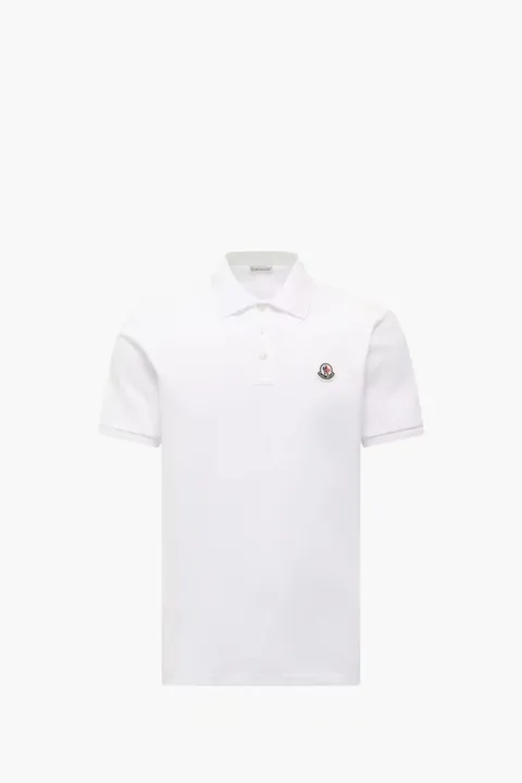 MONCLER Men Logo Patch Polo Shirt in White Cotton Piquet