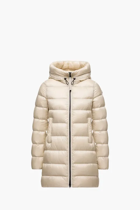 MONCLER Women Suyenne Hooded Mid-Length Down Jacket in Light Beige Nylon