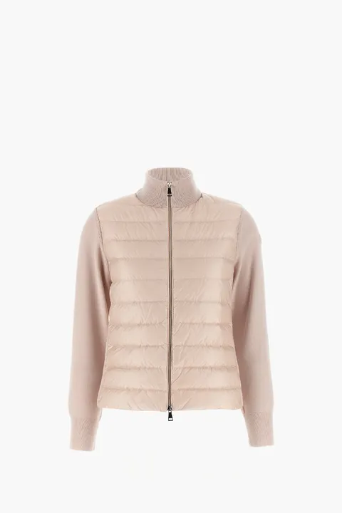 MONCLER Women Padded Panels Cardigan in Light Pink Nylon Wool