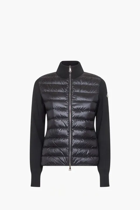 MONCLER Women Padded Panels Cardigan in Black Nylon Wool