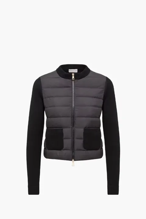 MONCLER Women Padded Knit Pockets Zip-Up Cardigan in Black Nylon and Wool