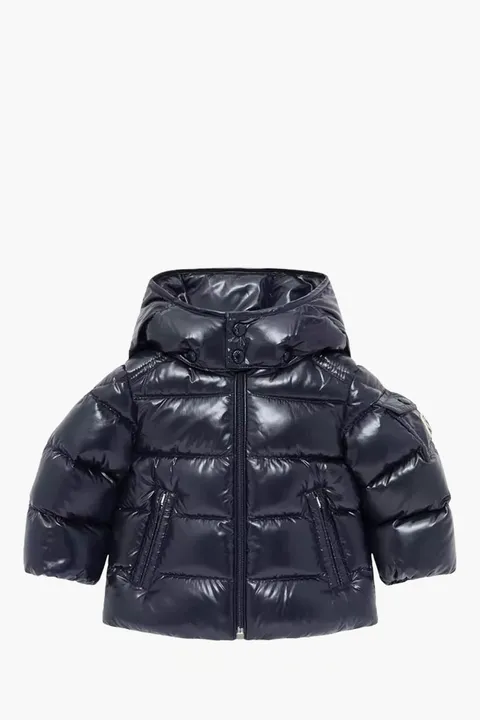 MONCLER Baby Maya Hooded Down Jacket in Navy Blue Nylon Laqué