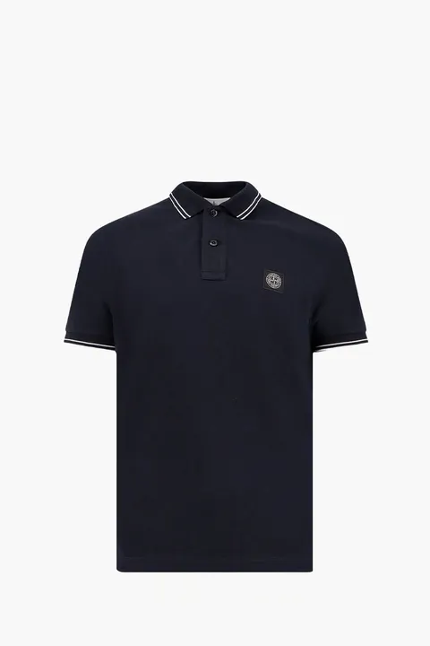 STONE ISLAND Men Logo Patch Slim FIt Polo Shirt in Navy Blue Organic Cotton 