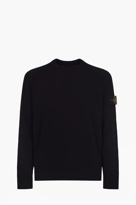 STONE ISLAND Men Logo Ribbed Bands Crewneck Sweater in Black Lightweight Wool