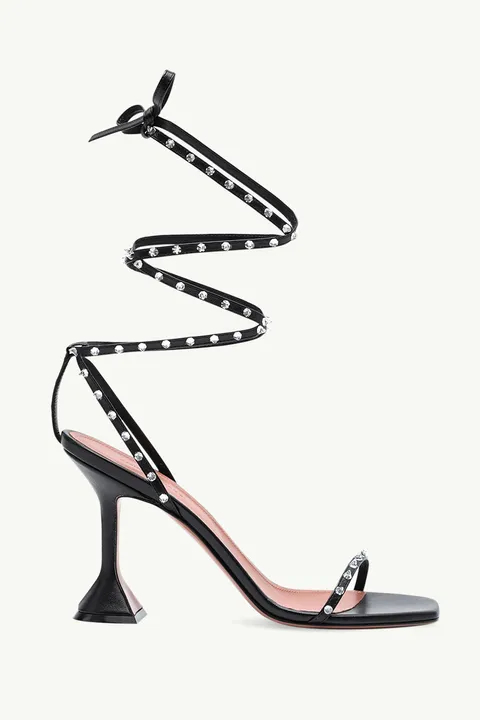 AMINA MUADDI Women Karma Ankle Tie Sandals 95mm in Black Patent with Crystals Studded