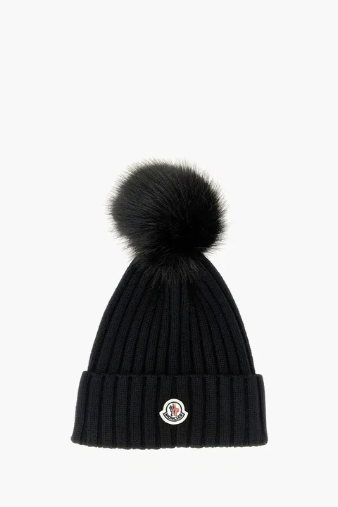 MONCLER Women Logo Patch Pom Pom Knitted Beanie in Black Wool