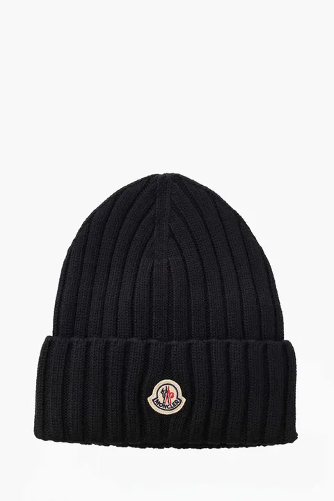 MONCLER Logo Patch Beanie in Black Virgin Wool