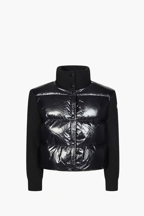 MONCLER Women Turtleneck Padded Cardigan in Black Nylon and Wool