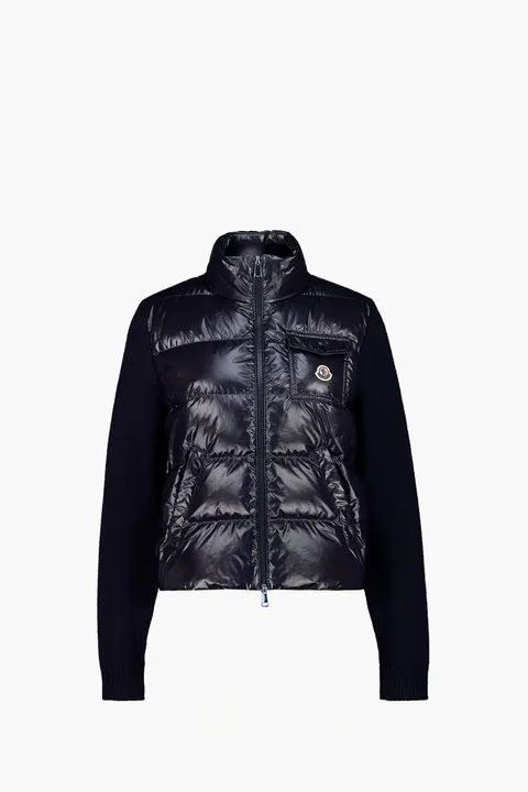 MONCLER Women Padded Zip-Up Cardigan in Navy Quilted Wool with Buttoned Pockets
