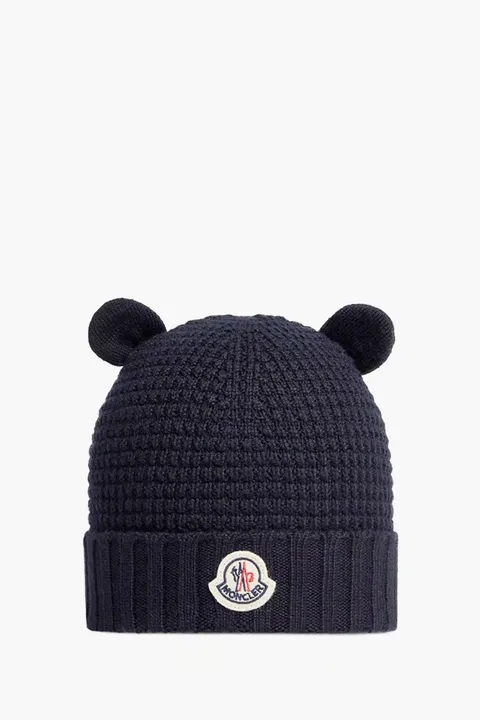 MONCLER Baby Logo Patch Teddy Bear Ears Waffle Knit Beanie in Navy Blue Wool
