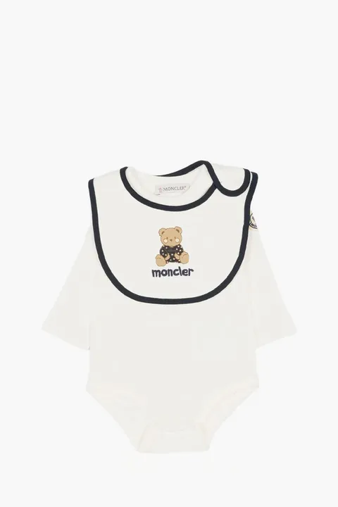 MONCLER Baby Teddy Bear Logo Set in White Cotton with Gift Box