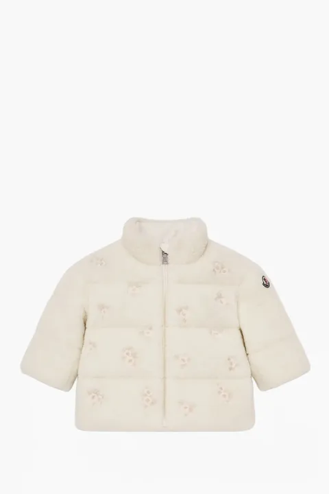 MONCLER Children Chiara Embroidered Teddy Quilted Jacket in Ivory Nylon