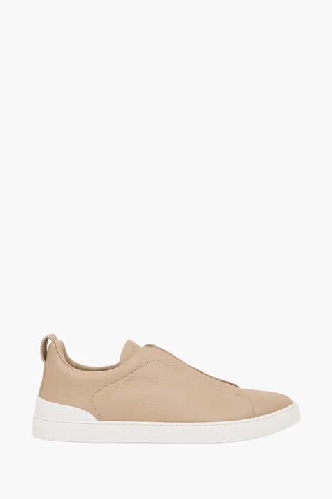 ZEGNA Men Triple Stitch Low Top Sneakers in Cream Deerskin