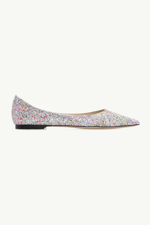 JIMMY CHOO Love Ballerina in Silver Multicolor Splattered Coarse Glitter Fabric