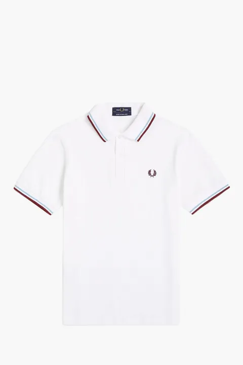 FRED PERRY Men The Original Twin Tipped Polo Shirt in White/Ice/Maroon
