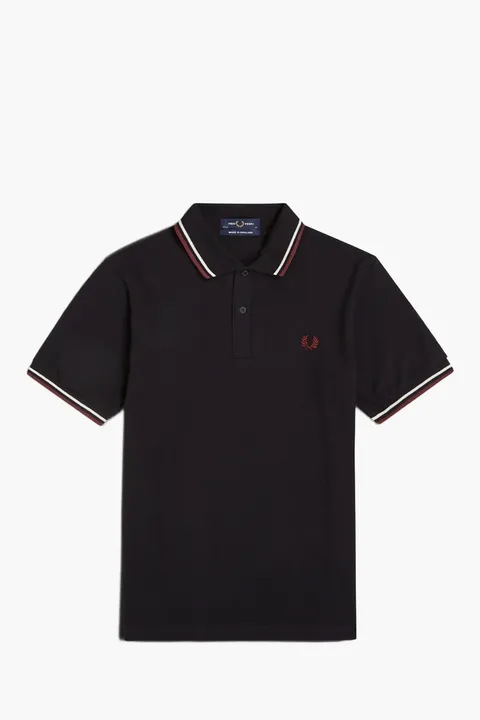 FRED PERRY Men The Original Twin Tipped Polo Shirt in Black/Ecru/Oxblood