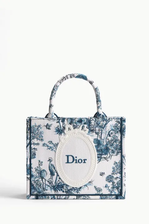 CHRISTIAN DIOR Medium Dior Book Tote Bag in Blue/White Toile De Jouy Floral Garden Embroidery and Dior Medallion