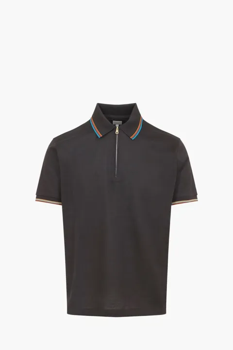 PAUL SMITH Men Signature Stripe Trim Zip Polo Shirt in Brown Cotton