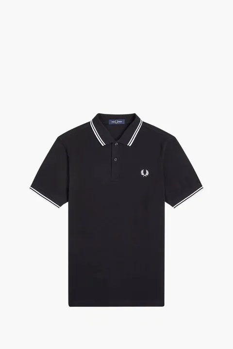 FRED PERRY Men Twin Tipped Polo Shirt in Black/White/White Cotton Pique