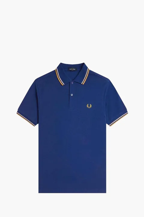 FRED PERRY Men Twin Tipped Polo Shirt in Shaded Cobalt/Oatmeal/Honeycomb Cotton