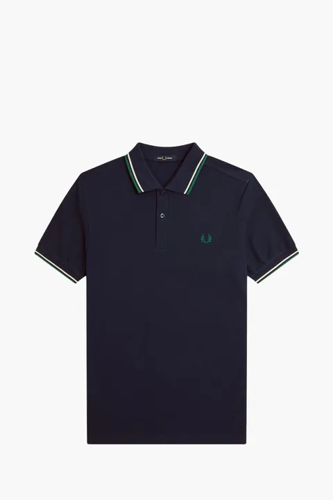 FRED PERRY Men Twin Tipped Polo Shirt in Dark Carbon/Light Ecru/Label Green Cotton