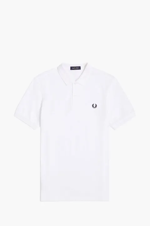 FRED PERRY Men Tennis Polo Shirt in White/Navy Classic Cotton Piqué