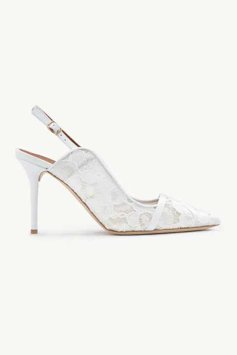 MALONE SOULIERS Marion Lace Bridal Slingback Pumps 85mm in White/White
