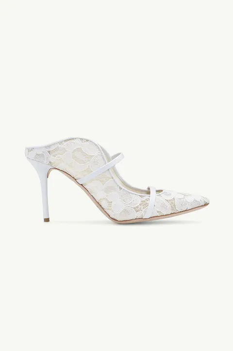 MALONE SOULIERS Maureen Pumps 85mm in White Lace Mesh/Nappa