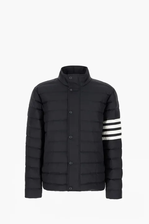 THOM BROWNE Men Shiny Ripstop Lightweight Down Filled 4-Bar Jacket in Navy Nylon