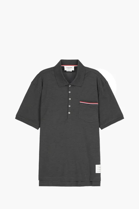 THOM BROWNE Men Pique Pocket Polo Shirt in Dark Grey Cotton