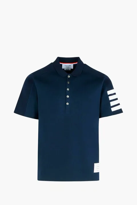 THOM BROWNE Men 4-Bar Mini Collar Polo Shirt in Navy Cotton