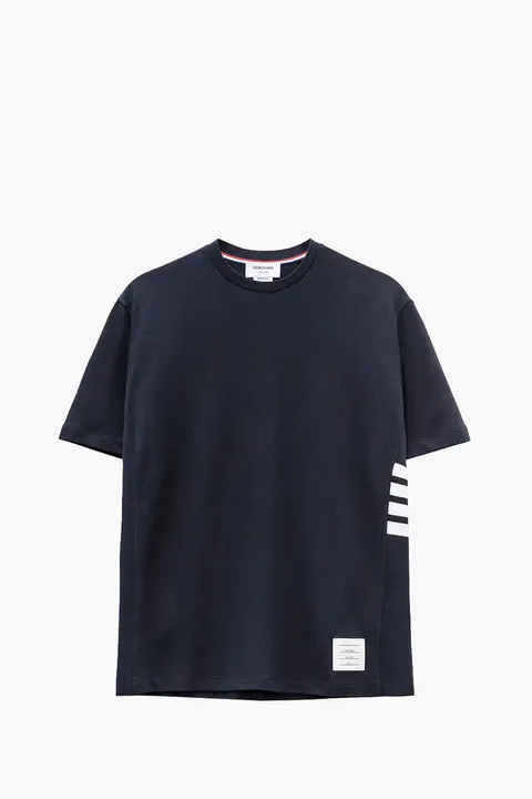 THOM BROWNE Men Logo Pique 4-Bar T-Shirt in Navy Cotton
