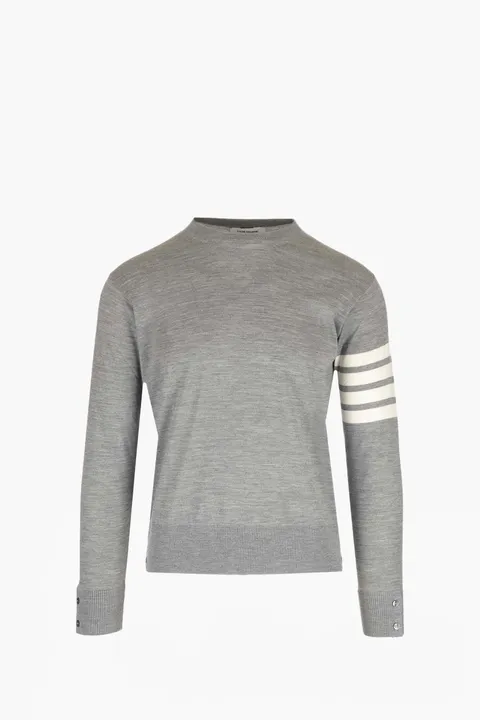 THOM BROWNE Men Classic 4-Bar Stripe Crewneck Sweater in Light Grey/White Wool