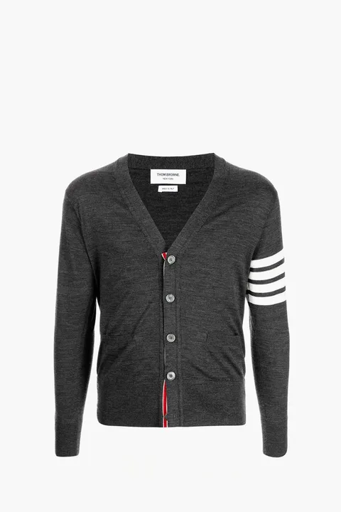 THOM BROWNE Men Classic 4-Bar V-Neck Cardigan in Dark Grey Wool