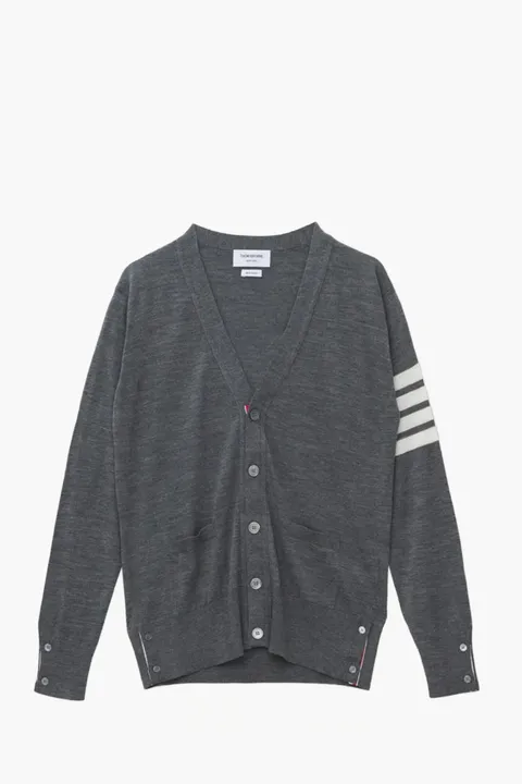 THOM BROWNE Men Classic 4-Bar V-Neck Cardigan in Med Grey Wool