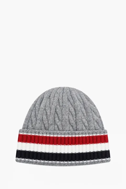 THOM BROWNE Cable And Rib Knit Beanie in Light Grey Merino Wool with RWB Stripe
