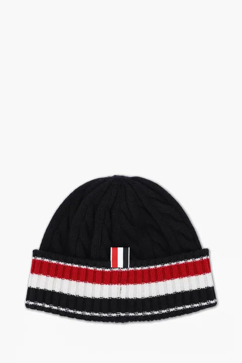 THOM BROWNE Cable And Rib Knit Beanie in Navy Merino Wool with RWB Stripe