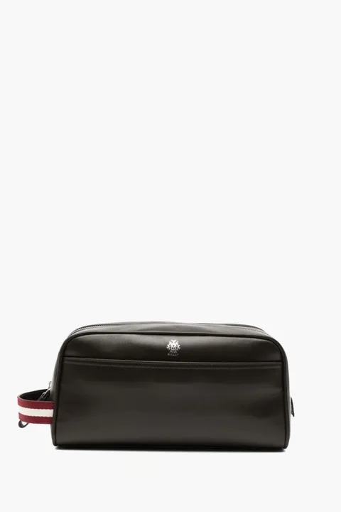 BALLY Logo Ray Travel Washbag in Dark Brown Leather
