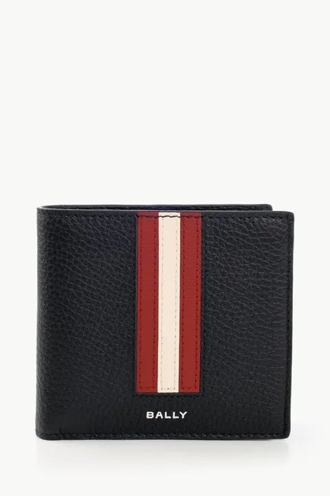 BALLY Men Ribbon Bi-Fold Wallet in Black/Red/White Grained Leather