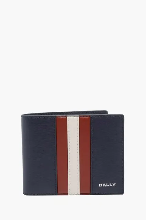 BALLY Mythos Bi-Fold Wallet in Blue Leather with Stripe