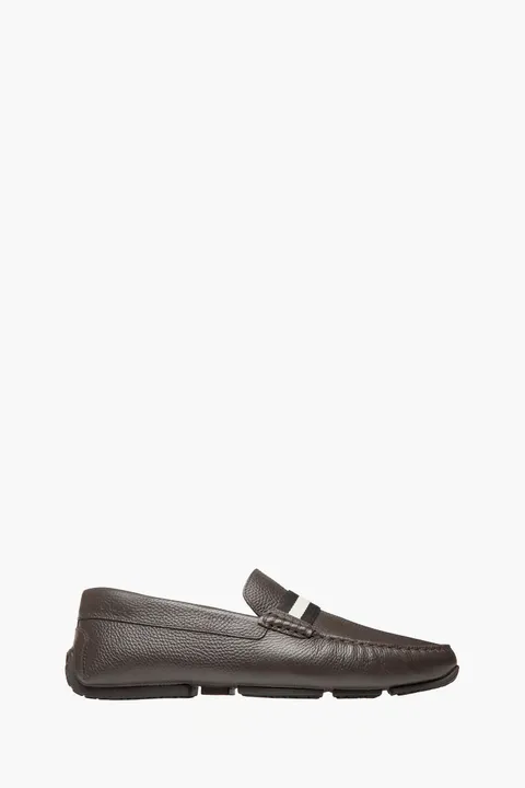 BALLY Men Perthy Pilot Driver Loafers in Brown/Black/White Grained Bovine Leather with Ribbon