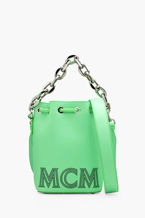 MCM Mini Drawstring Bucket Bag in Summer Green with Chain Handle